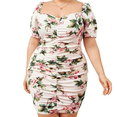 China Wholesale Breathable Square Neck Floral Dresses Women Short Sleeve Ruched Bodycon Mini Dress Womens Floral Dresses for sale