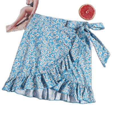 China Breathable Ruffle Edge Wrap Knot All Over Print Skirt High Waist Summer Beach Dress Floral Denim Skirts Women for sale