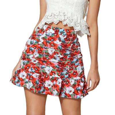 China Fashionable Breathable Women Floral Print Skirt Ruched Blistered Stretch Style With Ruffle Trim Mini Skirt for sale