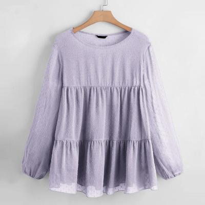 China Breathable Long Sleeve Tunic Around Neck Chiffon Polyester Spring Solid Plus Size Blouse for sale