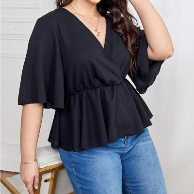 China Breathable Women Fashion Chiffon Plus Surplice Front Half Sleeve V-Neckline Peplum Blouse T-Shirt for sale