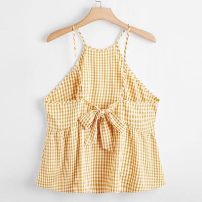 China Women Breathable Plus Gingham Tie Back Halter Sling Printed Sleeveless Top for sale