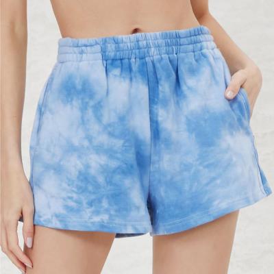 China Breathable Blue Tie Dye Shorts Women Loose Cotton Summer Cotton Casual Shorts With 2 Pockets for sale