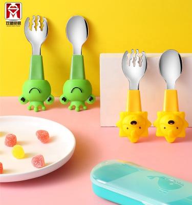 China Frog &lion Cartoon Animal Stainless Steel 316L Baby Feeding Training Spoon Fork Set for sale