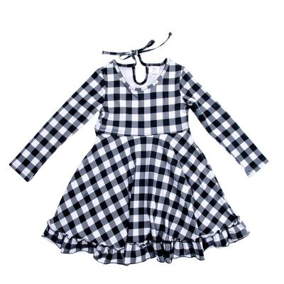 China RTS Anti-Static Toddler Kids Wear Bow Tie Dress Ruffle Plaid Dresses Boutique Kids Long Sleeve Back Dress Little Girls for sale