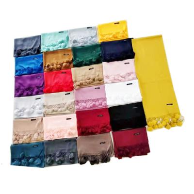 China European American Cashmere Scarf Solid Color With Round POM Long Tessel for sale