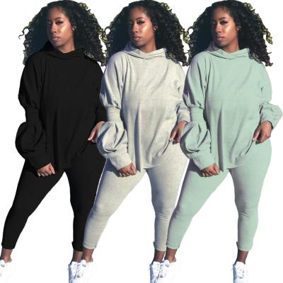 China Autumn Winter Breathable Solid-color Puffed Sleeve Split Hoodie Sports Suit Two Piece Casual Cotton Joggers Women for sale