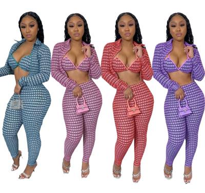 China QUICK DRY Long Sleeve 3 Pieces Set Women Daily Bra Cardigan Pants 2021 New Arrivals New Arrivals Plaid Upper Spring Autumn S-2XL Teams Size S-2XL High for sale