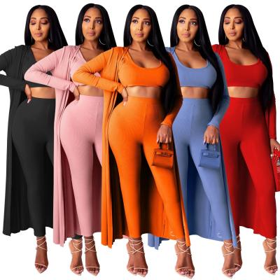 China Breathable Casual Homewear Ladies Teams Long Sleeve Cardigan Coat Crop Tank Top Pants Women Three Piece Set for sale