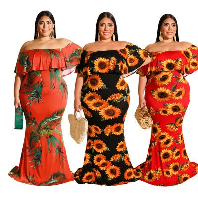 China 2021 Summer Boho Floral Print Anti-wrinkle Dress Chiffon Off Shoulder Ladies Plus Size Dresses Casual Wear for sale