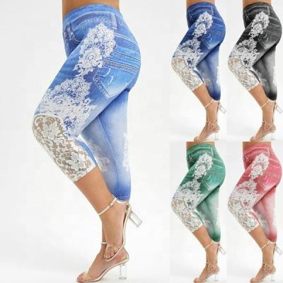 China 2021 Breathable Hot Selling Lace Splice Fashion Plus High Waist Capris Cropped Elastic Waist Womens Jeans Gaiters Pants for sale