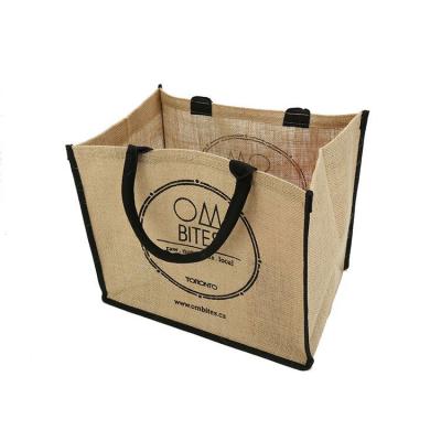 China Factory Sale Environmental/Recyclable/Durable OEM Quality Eco-friendly Jute Square Bottom Shopping Bag With Black Round Handle for sale