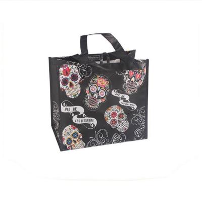 China Recyclable Hot Selling Special Design Flower Skull Printing Black Waterproof Nonwoven Shopping Bag for sale