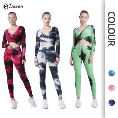 China Wholesale Breathable Cross Hip Dye Hip Peach Yoga Set Woman Fitness Jacquard Female Sports Lifting Suit Top Breathable Pants for sale