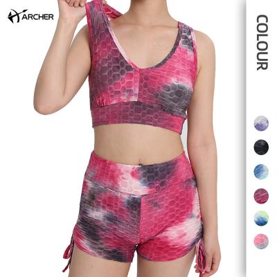 China Wholesale Latest Design Breathable New European American Jacquard Vest Yoga Sports Multicolor Tie Dye Shorts Women's Fitness Suit for sale