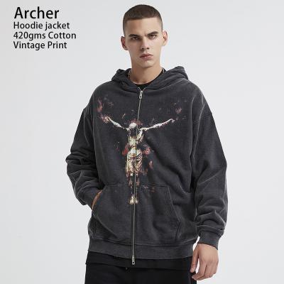 China Anti-Wrinkle RTS 420gsm 100%Cotton No Acid Wash Heavy Zipper Hooded Vintage Sweatshirt String Hoodie Men Digital Printing Hoodies for sale