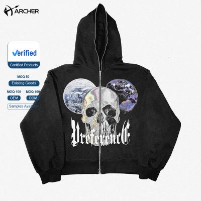 China High Quality Unisex Anti-wrinkle Full Zipper Hooded Custom Sweatshirt Plus Size Jacket Hoodies Skull Print White Full Face Zipper Custom Hoodie for sale