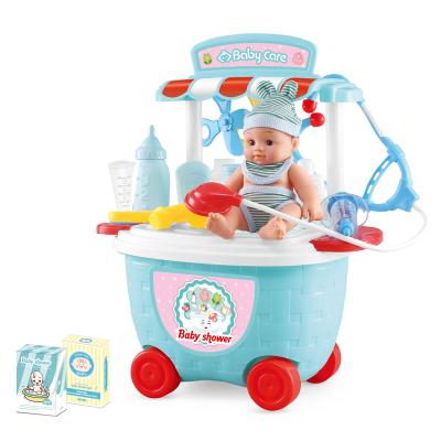 China Plastic Baby Care Cart Set Bucket Wheeled Car Doctor Nurse Simulation Infant Injection Pretend Play Toys for sale