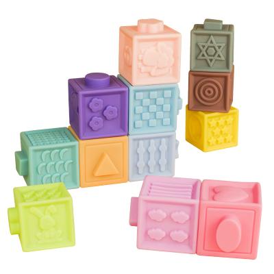 China Baby Intelligence Development Toys Hand Hold Bath Playset Silicone Cube Stacking With Number 3D Teether Rubber Model Soft Building Block Toys For Baby for sale