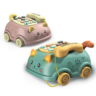 China Bilingual Baby Phone Toys Simulation Early Education Children Pull Phone Cartoon Musical Light Education Cat Sliding Singing Car With First for sale