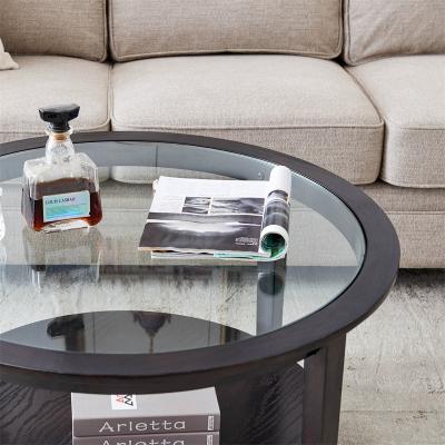 China Concise round glass coffee table Guangdong simple frame solid wood glass top coffee table for office building for sale