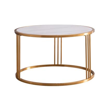 China Modern Concise Gold Smart Furniture Living Room Marble Round Stainless Steel White Marble Top Coffee Table With Metal Frame for sale