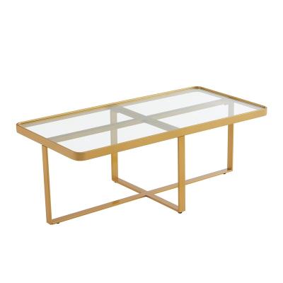 China Modern concise tempered glass coffee table furniture coffee table leisure center tea table with metal gold frame with glass top for sale