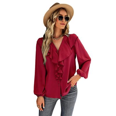 China Fashion Anti-pilling Ruffled V-Neckline Long Sleeve Blouse Shirt Oversized for Women Ladies Blouses and Tops Women Chiffon Material for sale