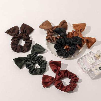 China Soft Soft 2022 Dark Color Rabbit Ear Satin Hair Scrunchies Rubber Elastic Hair Scrunchy Tie For Girls for sale