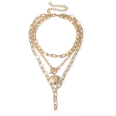 China Creative Geometric Heart Shape Pendant Tassel Thick Chain Necklaces Opening Sideway Heart OT Buckle 3 Layers Pendant Necklace For Women for sale