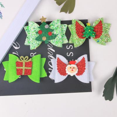 China Christmas tree snow element hair cut 2021 new design Christmas tree snow element hair cut cute bow glitter barrettes hair clips for girls for sale