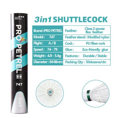 China Pu Cork Goose Feather Shuttlecock 3in1 Durable Badminton Shuttlecock for sale