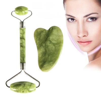 China Private Label Green Massage Tools Facial Massager Jade Stone Roller Gua Sha Whitening Set for sale