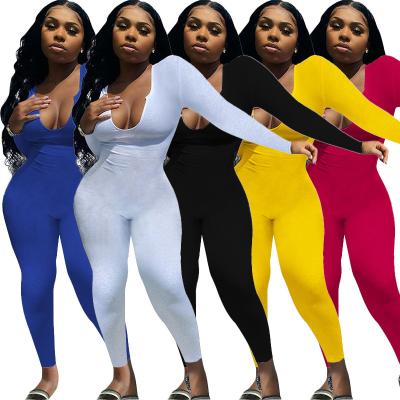 China Wholesale custom QUICK DRY custom logo plus solid color ribbed V-neck pant jumpsuit women long sleeve one piece romper for sale