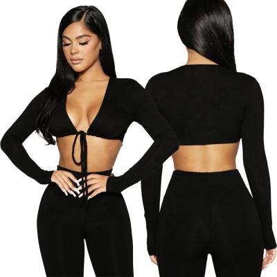 China 2021 QUICK DRY Fall Skinny Two Piece Pants Set Women Sexy Belly Button Lace Up 2 Piece Womens Set Long Sleeve Crop Top And Long Pants Set for sale