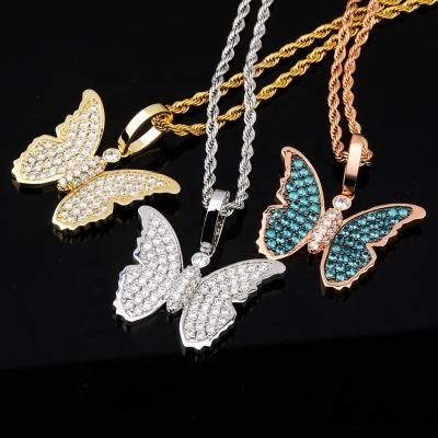 China New Fashion Hiphop Iced Out Colorful Shining Butterfly Necklace And Cubic Zircon Men's Hip Hop Jewelry Gift Pendant for sale