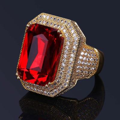 China New Fashion Hip Hop Hip Hop Ring Gold Color Plated Iced Out Bling Micro Pave Red CZ Stone Rhinestone Rings With 7,8,9,10,11 for sale