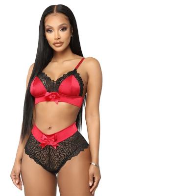 China Designer Lovely Sexy Woman Bow Bra And Panty Suit Cavity Casual Hot Underwear Set Silky Satin Bra Female Suit for sale