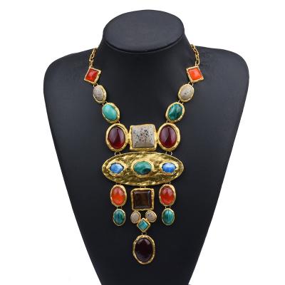 China Geometric Colorful Gem Stone Gold Plated Statement Jewelry Bib Necklace Designer Long Hyperbole Indian Gemstone Accessories For Women for sale