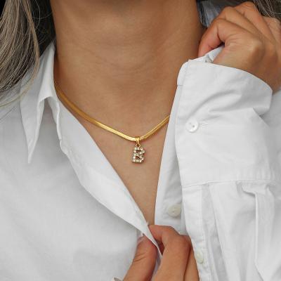 China Custom Personalized Tarnish Free Jewelry Letter Charm Name Snake Flat Chain Necklace 18K Gold Plated Stainless Steel for sale