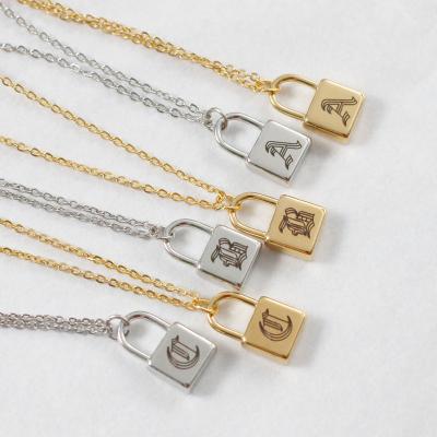 China Custom Personalized Lock Padlock Pendant Necklace Old English Initial Letter Necklace Tarnish Free Jewelry Stainless Steel Gold CLASSIC for sale