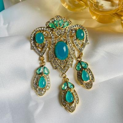 China Victorian Women's Crystal Rhinestone Dangles Brooch Pin Gold India Kundan Turquoise Gemstone Resin ALLOY Vintage Jewelry for sale