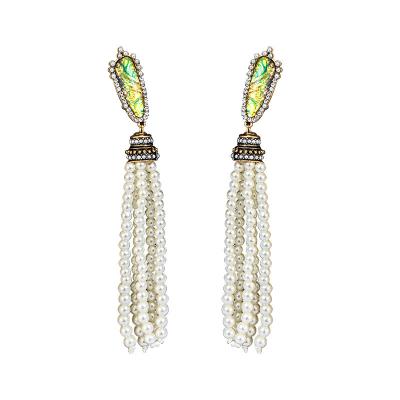 China EA003 Vintage Faux Long Crystal Pearl Beaded Tassel Charm Abalone Shell Boho Bohemian Antique Gold Plated Vintage Earrings For Women for sale