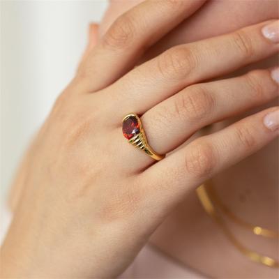 China 2023 Fashion High Quality Trendy 14K Gold Plated Zircon Diamond Gemstone Red Gem Stone Ruby Garnet Ring Jewelry Women for sale