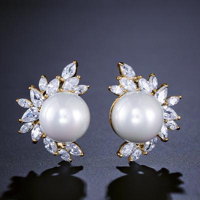 China New Romantic Zircon Crystal Cluster Bridal Pearl Earrings Marquise Cut CZ Zircon Prom Statement Jewelry For Bridesmaid for sale