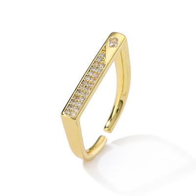 China Romantic High Quality Gold Plated Square Shaped Exquisite Zircon CZ Diamond Bar Stack Ring Engagement Signature Band for sale