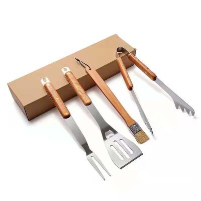 China Sustainable Stainless Steel Camping Barbecue Grilling Tool Kit Wood With Fork Spatula Brush for sale