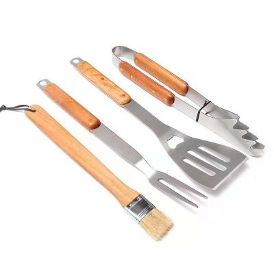 China Sustainable Barbecue Utensils Stainless Steel Handle Outdoor BBQ Tools Wood Grilling Utensils for sale