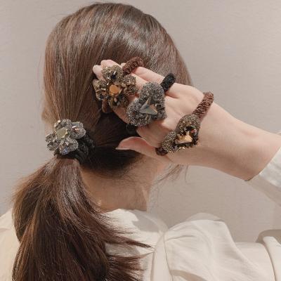 China Korean High Stretch Flower Bling Rhinestone Hair Ties Scrunchies Women Hair Accessories Love Crystal Elastic Hair Bands Ponytail Holder for sale