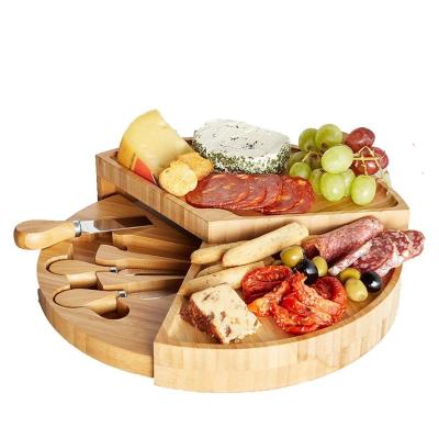 China Sustainable 3 Layer Charcuterie Tiered Tray, Bamboo Cheese Board Set With Three Piece Stainless Steel Knives for sale